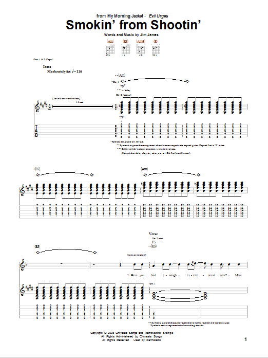 My Morning Jacket Smokin' From Shootin' sheet music notes and chords arranged for Guitar Tab