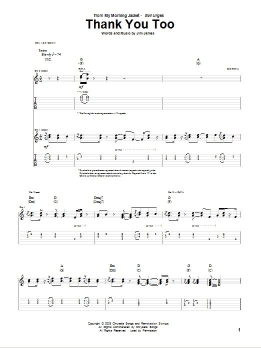 My Morning Jacket Thank You Too sheet music notes and chords arranged for Guitar Tab