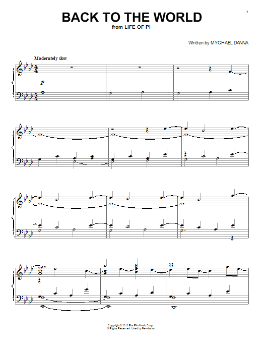 Mychael Danna Back To The World sheet music notes and chords arranged for Piano Solo