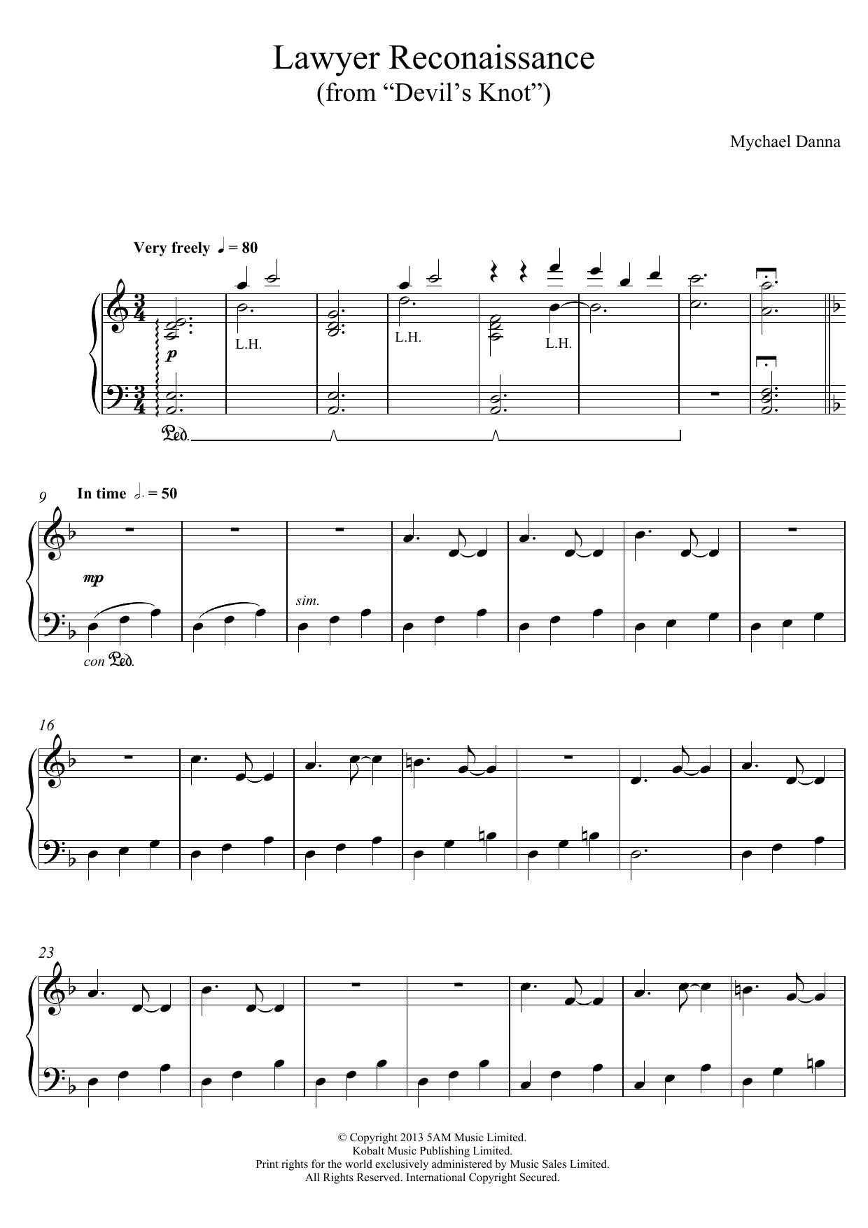 Mychael Danna Lawyer Reconnaissance (from Devil's Knot) sheet music notes and chords arranged for Piano Solo