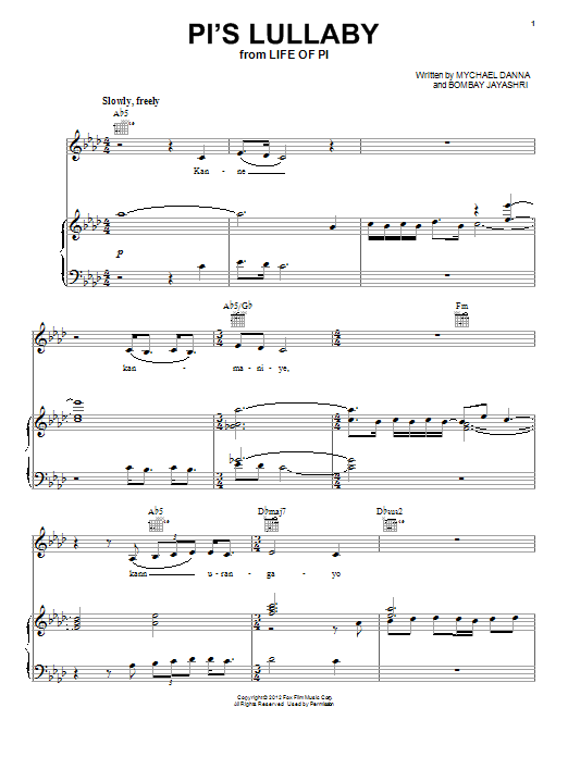 Mychael Danna Pi's Lullaby sheet music notes and chords arranged for Piano, Vocal & Guitar Chords (Right-Hand Melody)