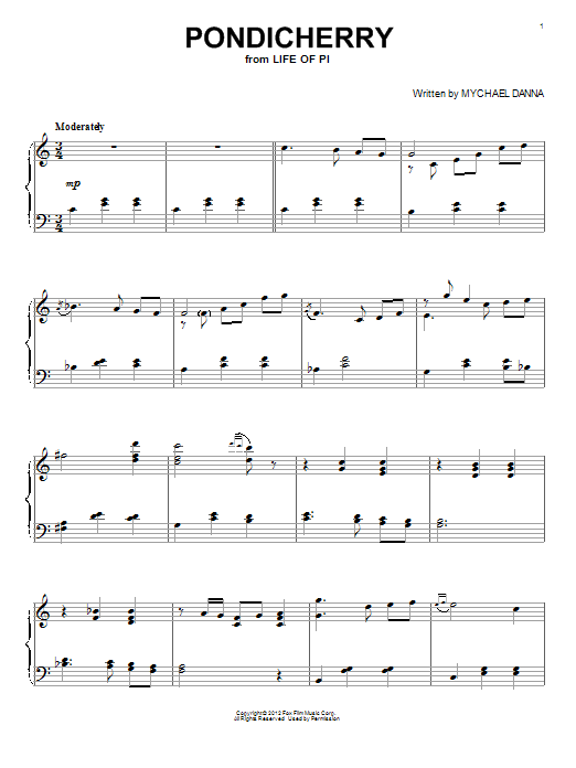 Mychael Danna Pondicherry sheet music notes and chords arranged for Piano Solo