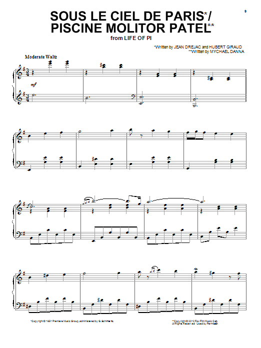 Mychael Danna Sous Le Ciel De Paris/Piscine Molitor Patel (from Life of Pi) sheet music notes and chords arranged for Piano, Vocal & Guitar Chords (Right-Hand Melody)