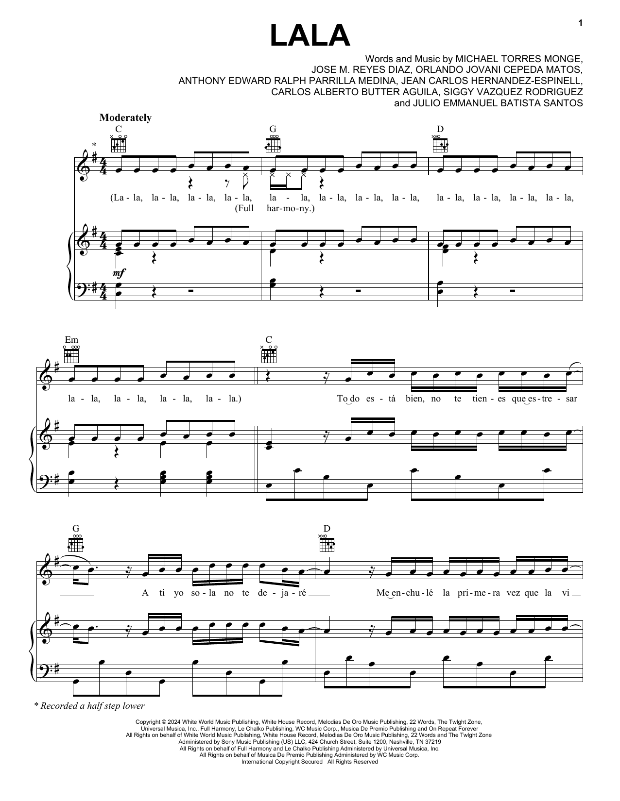 Myke Towers LALA sheet music notes and chords arranged for Piano, Vocal & Guitar Chords (Right-Hand Melody)