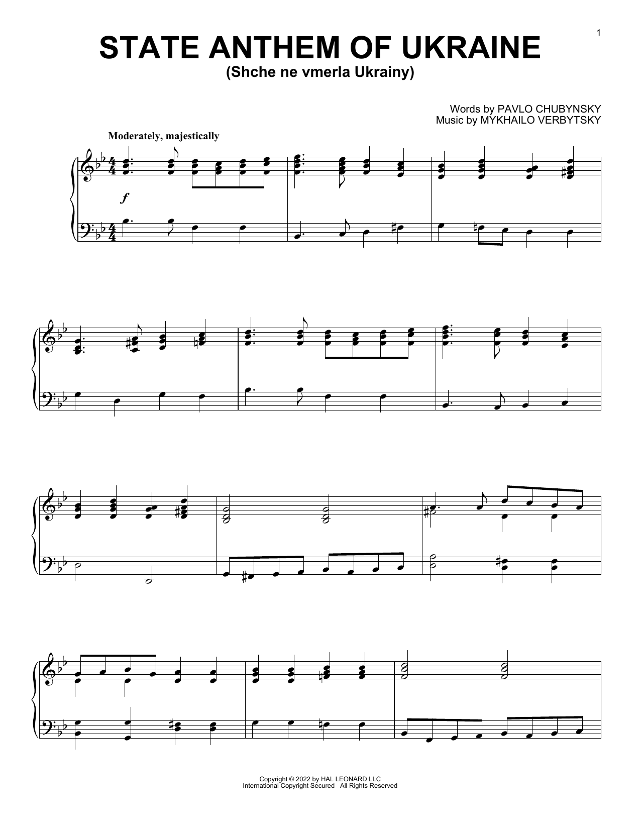Mykhailo Verbytsky and Pavlo Chubynsky State Anthem Of Ukraine (Shche ne vmerla Ukrainy) sheet music notes and chords arranged for Piano Solo