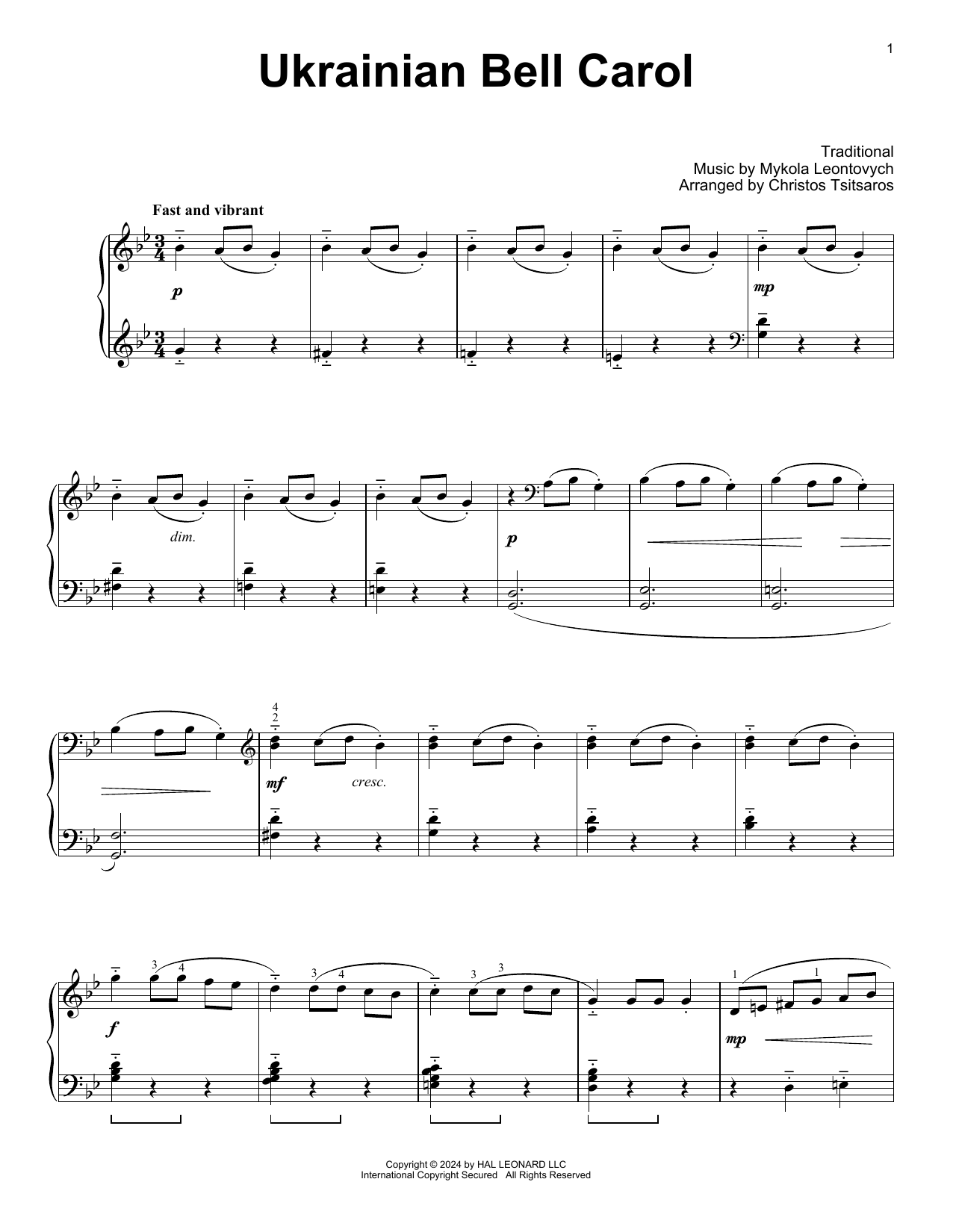 Mykola Leontovych Ukrainian Bell Carol (arr. Christos Tsitsaros) sheet music notes and chords arranged for Easy Piano Solo