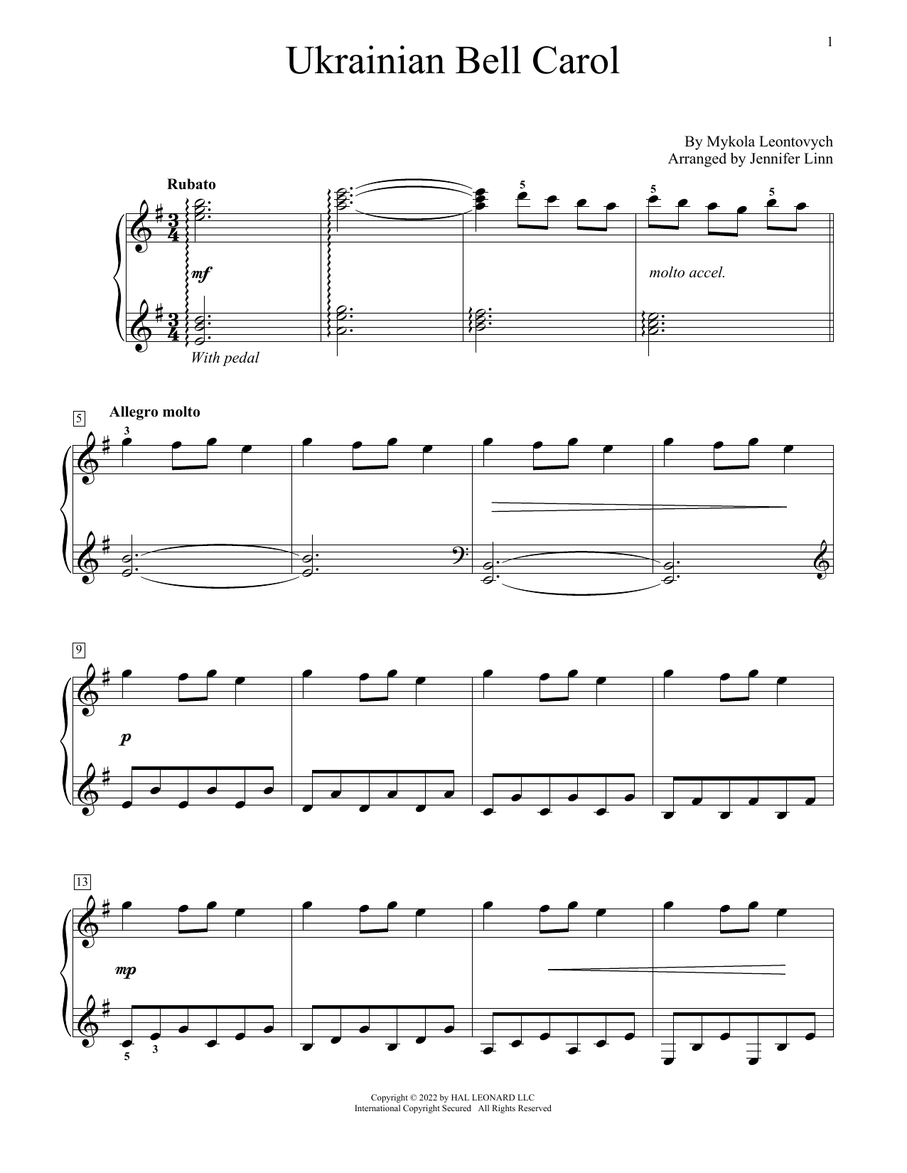 Mykola Leontovych Ukrainian Bell Carol (arr. Jennifer Linn) sheet music notes and chords arranged for Educational Piano