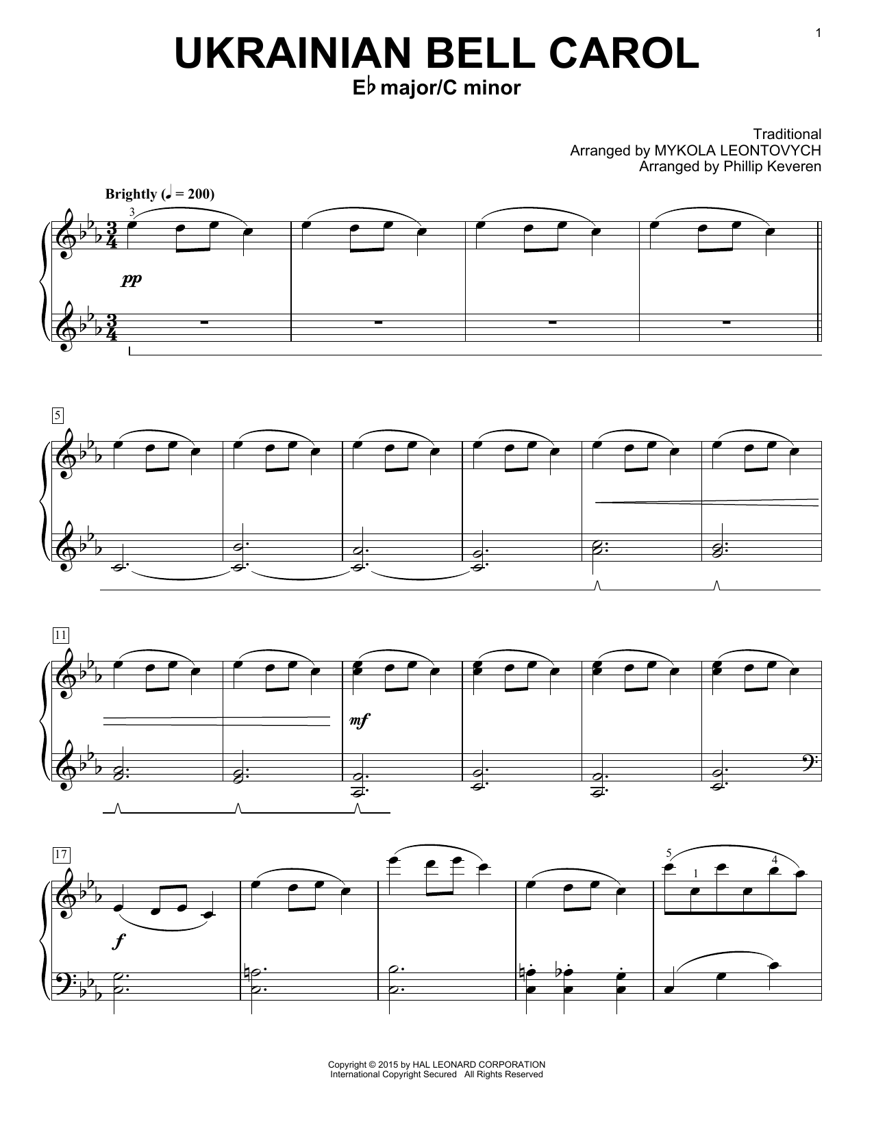 Mykola Leontovych Ukrainian Bell Carol (arr. Phillip Keveren) sheet music notes and chords arranged for Piano Solo