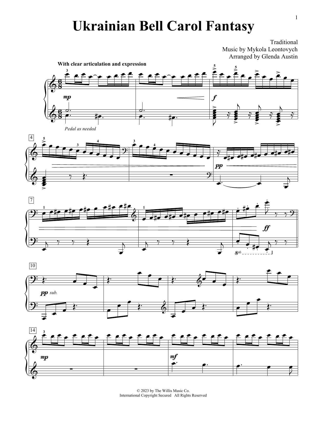 Mykola Leontovych Ukrainian Bell Carol Fantasy (arr. Glenda Austin) sheet music notes and chords arranged for Educational Piano