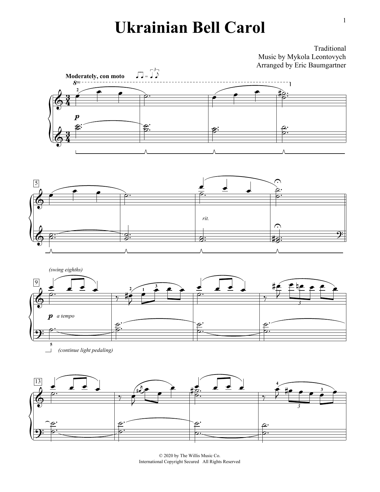 Mykola Leontovych Ukrainian Bell Carol [Jazz version] (arr. Eric Baumgartner) sheet music notes and chords arranged for Educational Piano