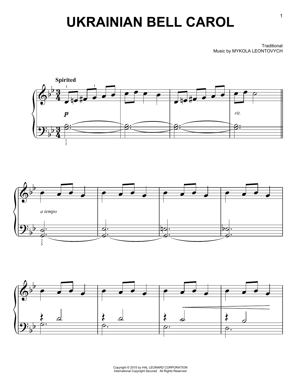Mykola Leontovych Ukrainian Bell Carol sheet music notes and chords arranged for Piano Solo