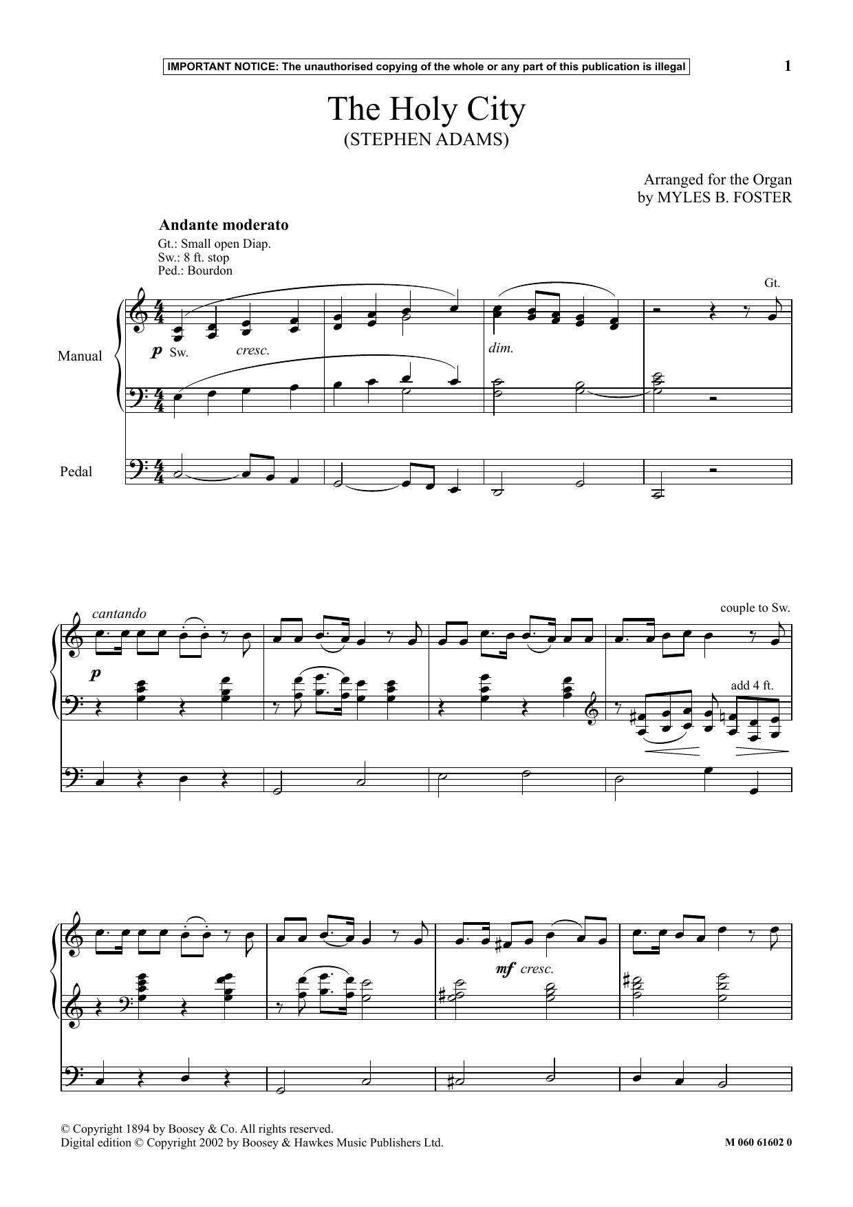 Myles B. Foster The Holy City sheet music notes and chords arranged for Organ