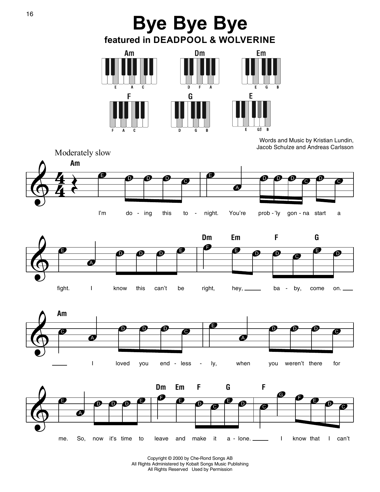 N Sync Bye Bye Bye sheet music notes and chords arranged for Super Easy Piano