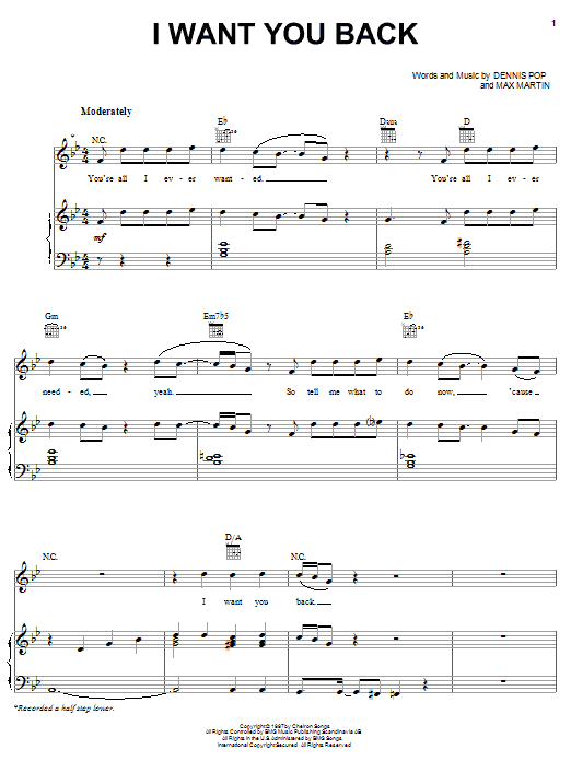 *NSYNC I Want You Back sheet music notes and chords arranged for Piano, Vocal & Guitar Chords (Right-Hand Melody)