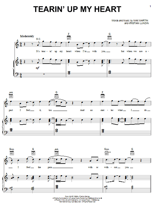 *NSYNC Tearin' Up My Heart sheet music notes and chords arranged for Piano, Vocal & Guitar Chords (Right-Hand Melody)