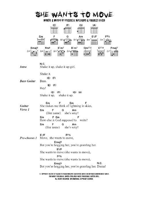 N*E*R*D* She Wants To Move sheet music notes and chords arranged for Guitar Chords/Lyrics