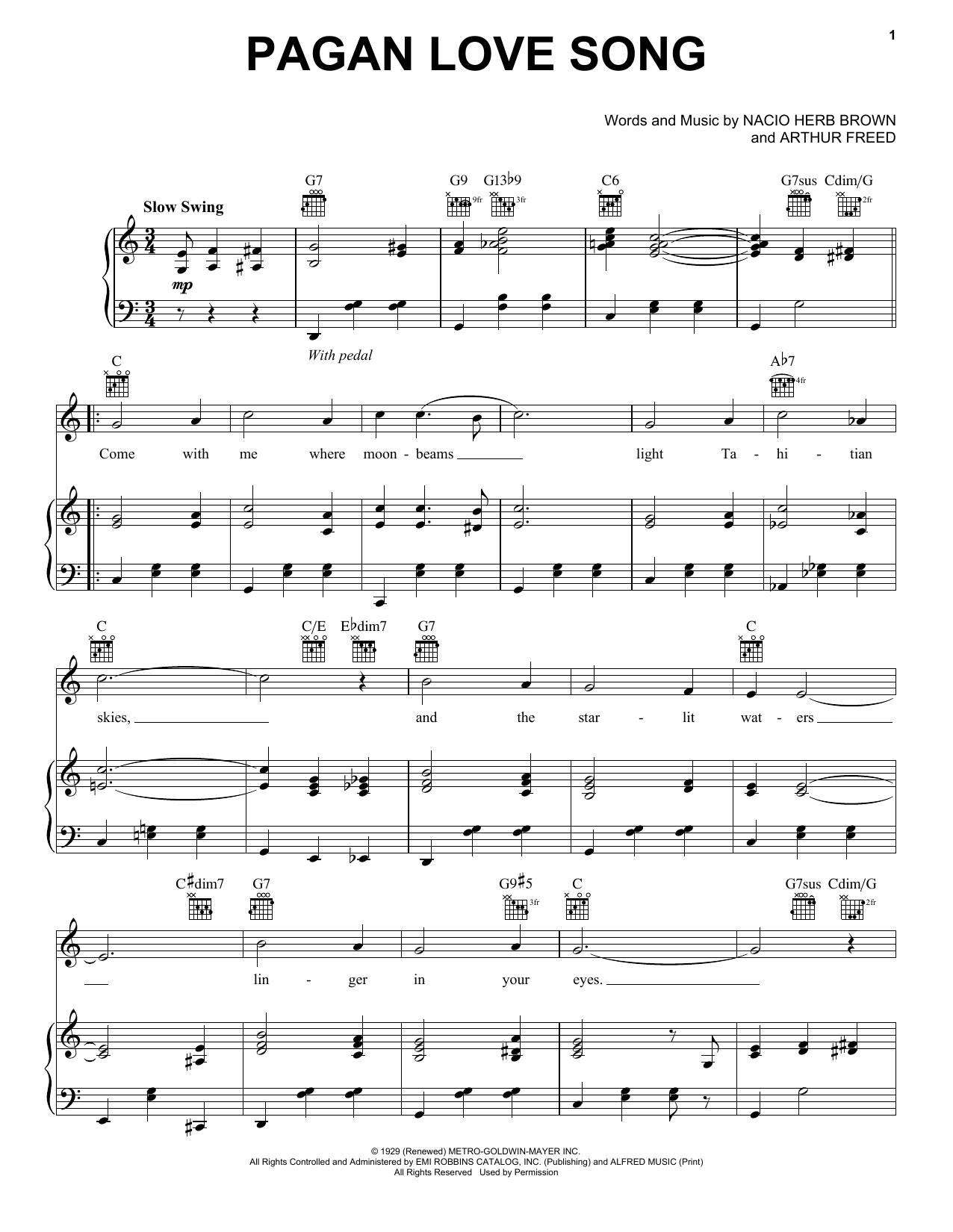 Nacio Herb Brown Pagan Love Song sheet music notes and chords arranged for Piano, Vocal & Guitar Chords (Right-Hand Melody)