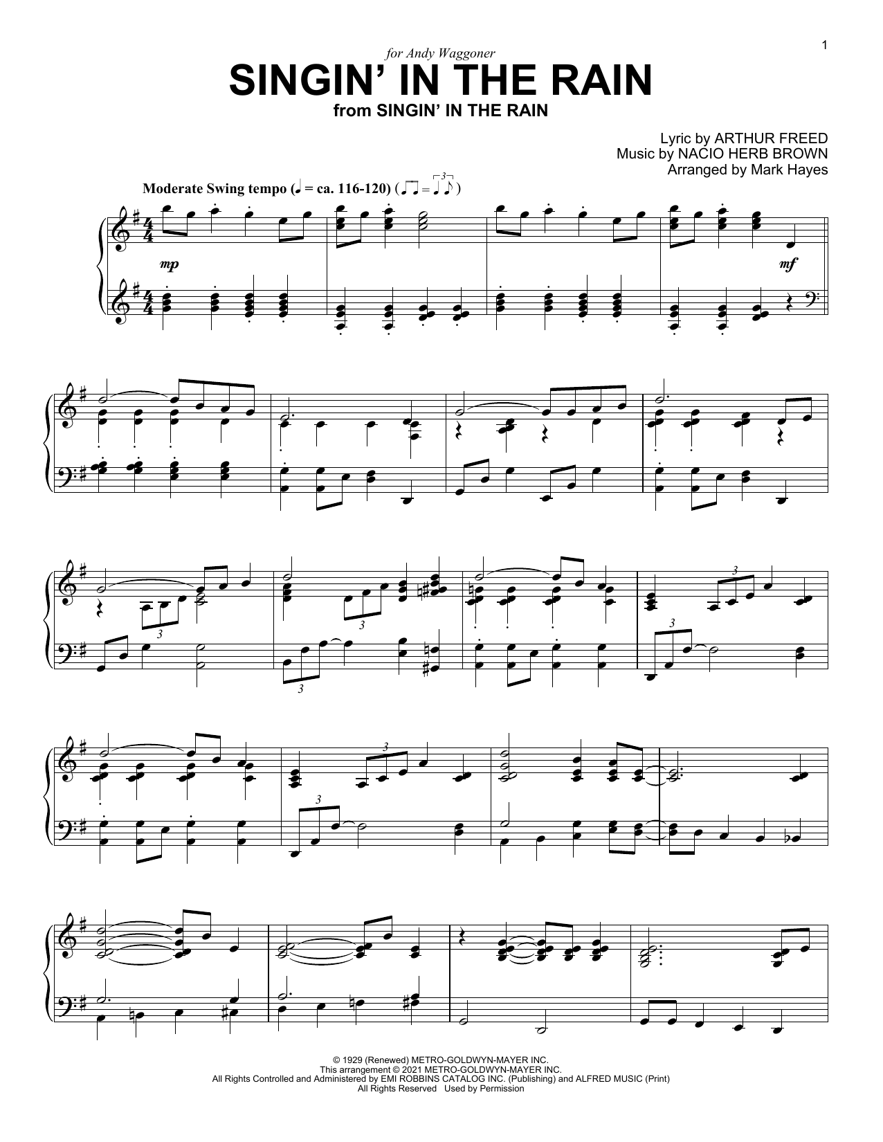 Nacio Herb Brown Singin' In The Rain (from Singin' In The Rain) (arr. Mark Hayes) sheet music notes and chords arranged for Piano Solo