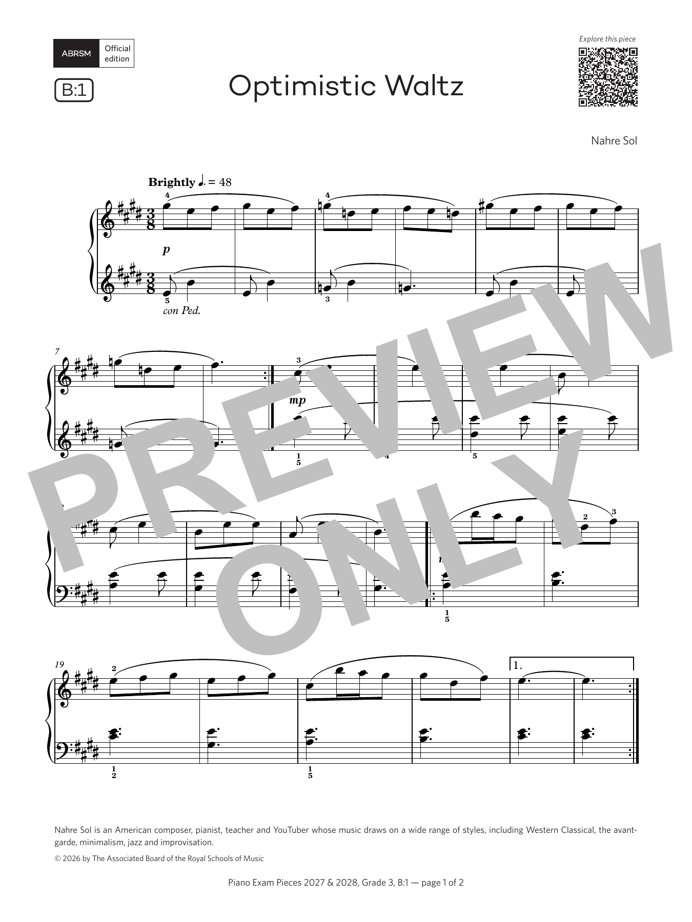 Nahre Sol Optimistic Waltz (Grade 3, list B1, from the ABRSM Piano Syllabus 2027 & 2028) sheet music notes and chords arranged for Piano Solo