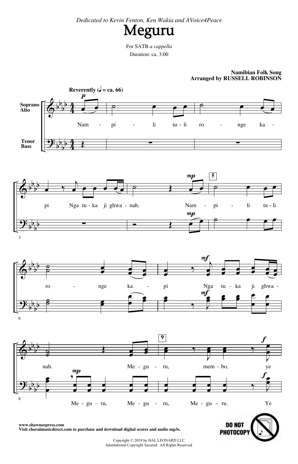 Namibian Folk Song Meguru (arr. Russell Robinson) sheet music notes and chords arranged for SATB Choir