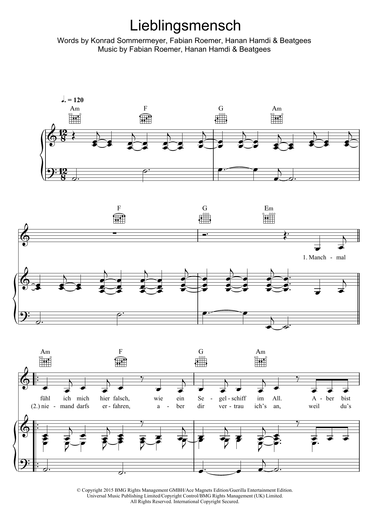 Namika Lieblingsmensch sheet music notes and chords arranged for Piano, Vocal & Guitar Chords