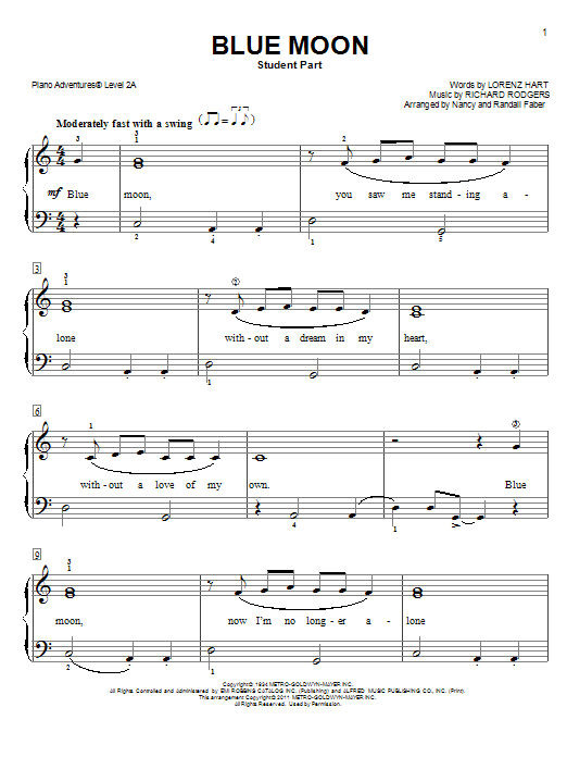 Nancy and Randall Faber Blue Moon sheet music notes and chords arranged for Piano Adventures