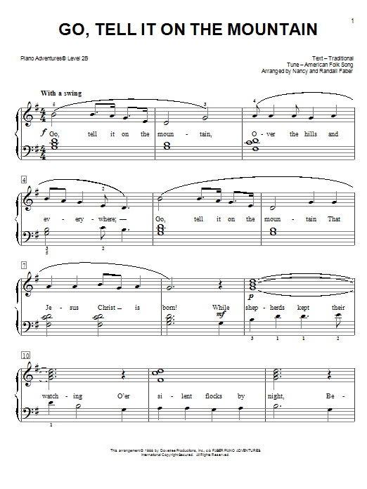 Nancy and Randall Faber Go, Tell It on the Mountain sheet music notes and chords arranged for Piano Adventures