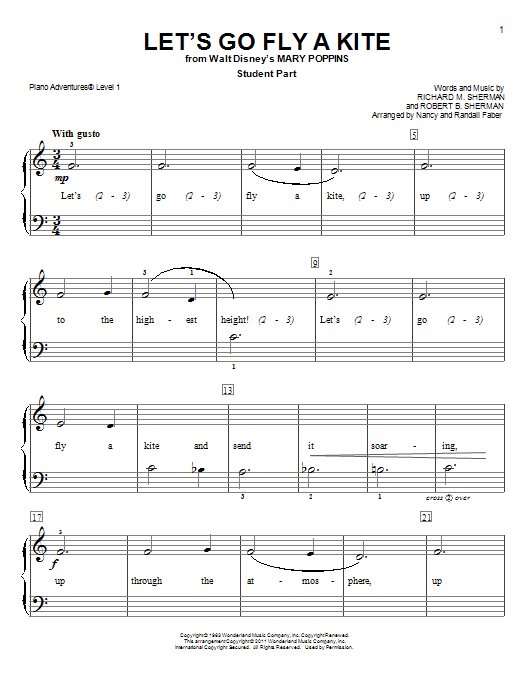 Nancy and Randall Faber Let's Go Fly A Kite (from Mary Poppins) sheet music notes and chords arranged for Piano Adventures
