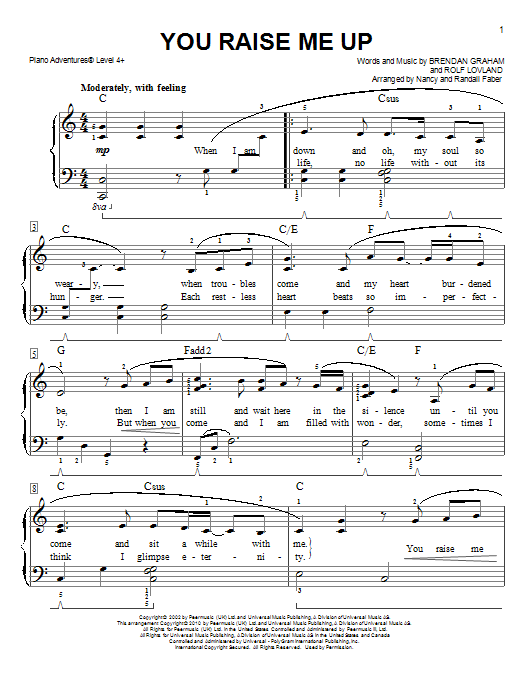 Nancy and Randall Faber You Raise Me Up sheet music notes and chords arranged for Piano Adventures