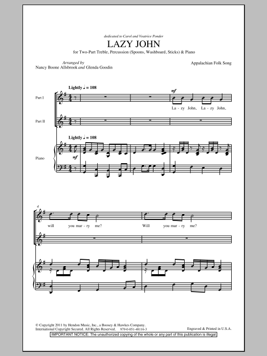 Nancy Boone Allsbrook Lazy John sheet music notes and chords arranged for 2-Part Choir