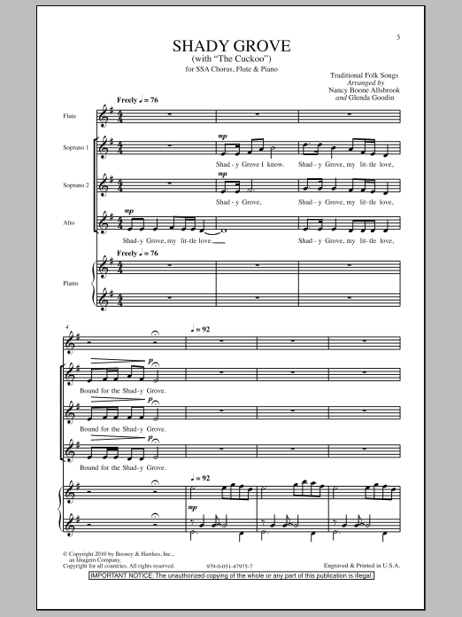 Nancy Boone Allsbrook Shady Grove (with The Cuckoo) sheet music notes and chords arranged for SSA Choir