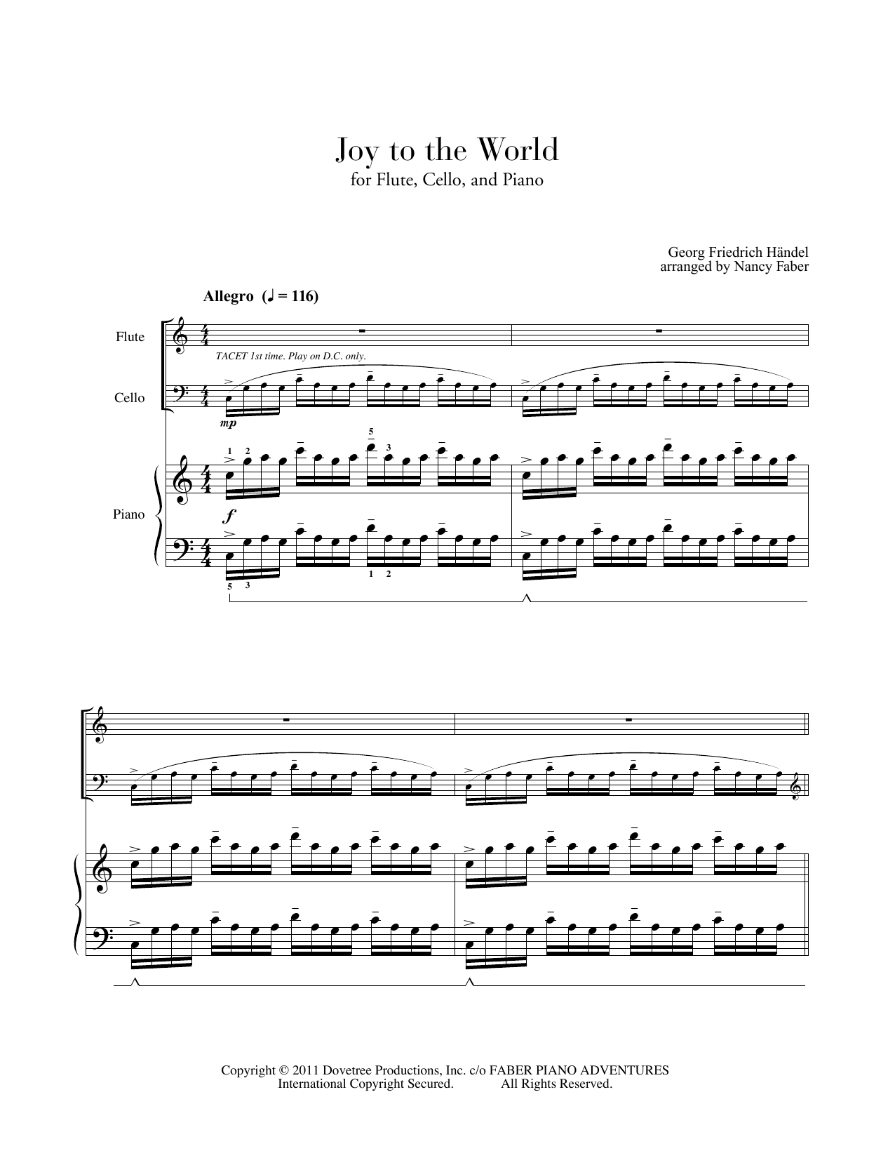 Nancy Faber Joy to the World (for Flute, Cello, Piano) sheet music notes and chords arranged for Piano Adventures