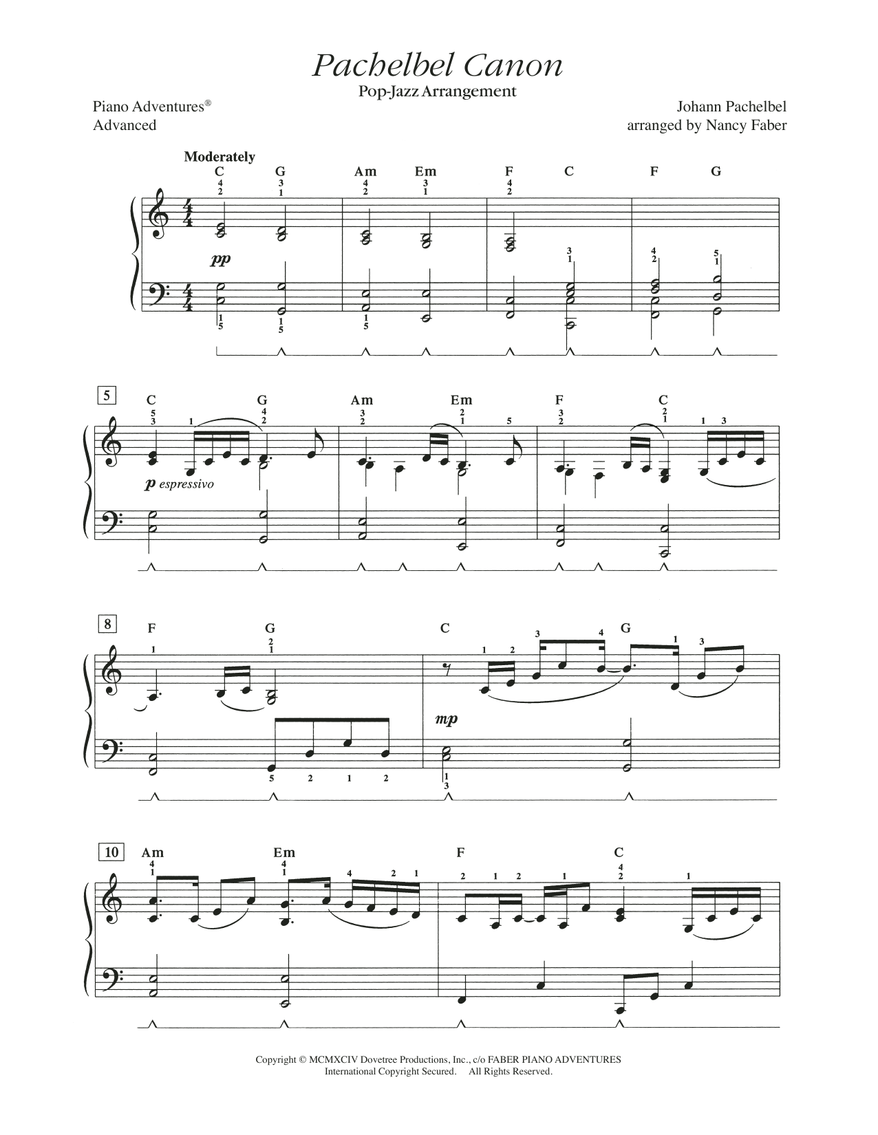 Nancy Faber Pachelbel Canon (Pop-Jazz Arrangement) sheet music notes and chords arranged for Piano Adventures