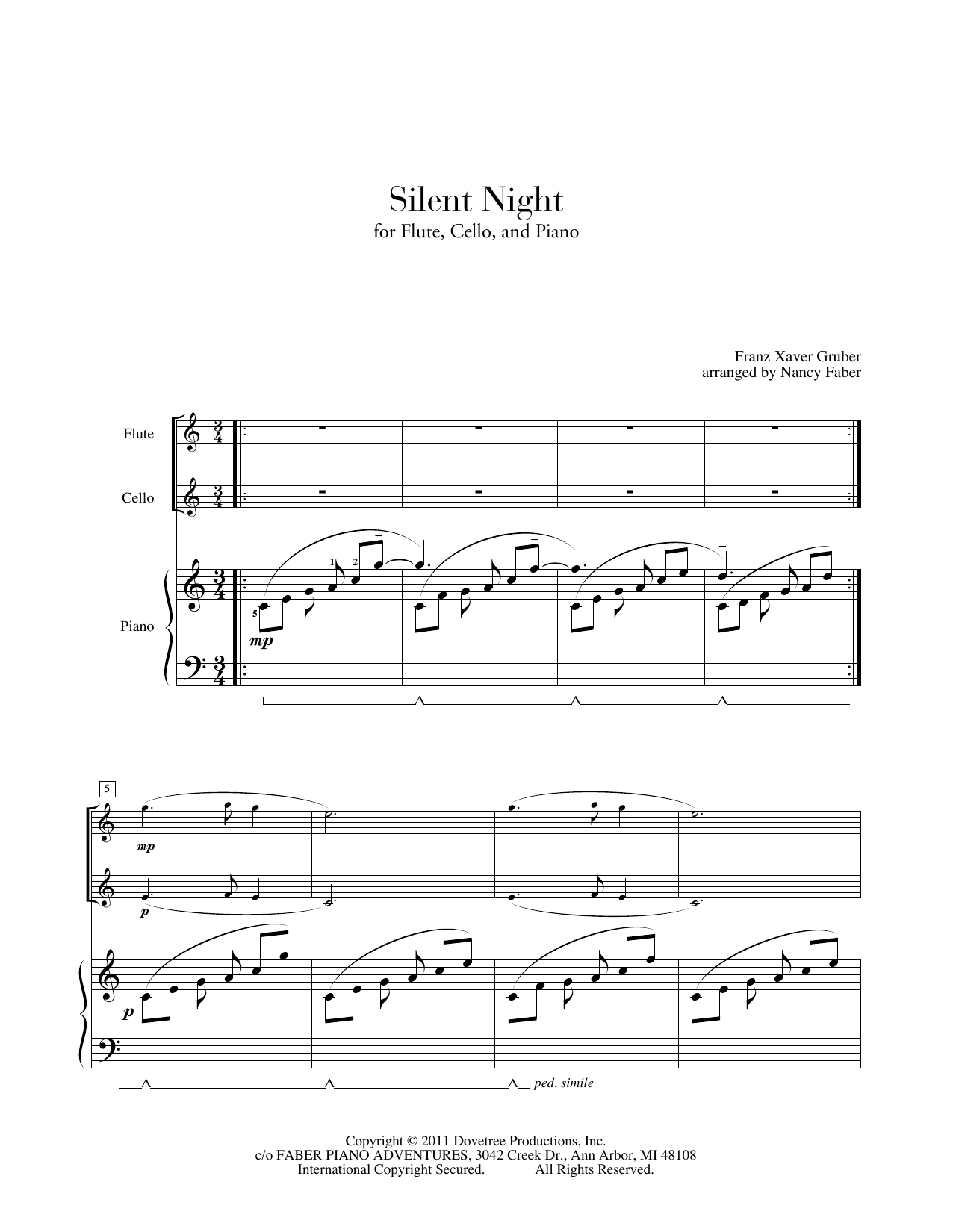 Nancy Faber Silent Night (for Flute, Cello, Piano) sheet music notes and chords arranged for Piano Adventures