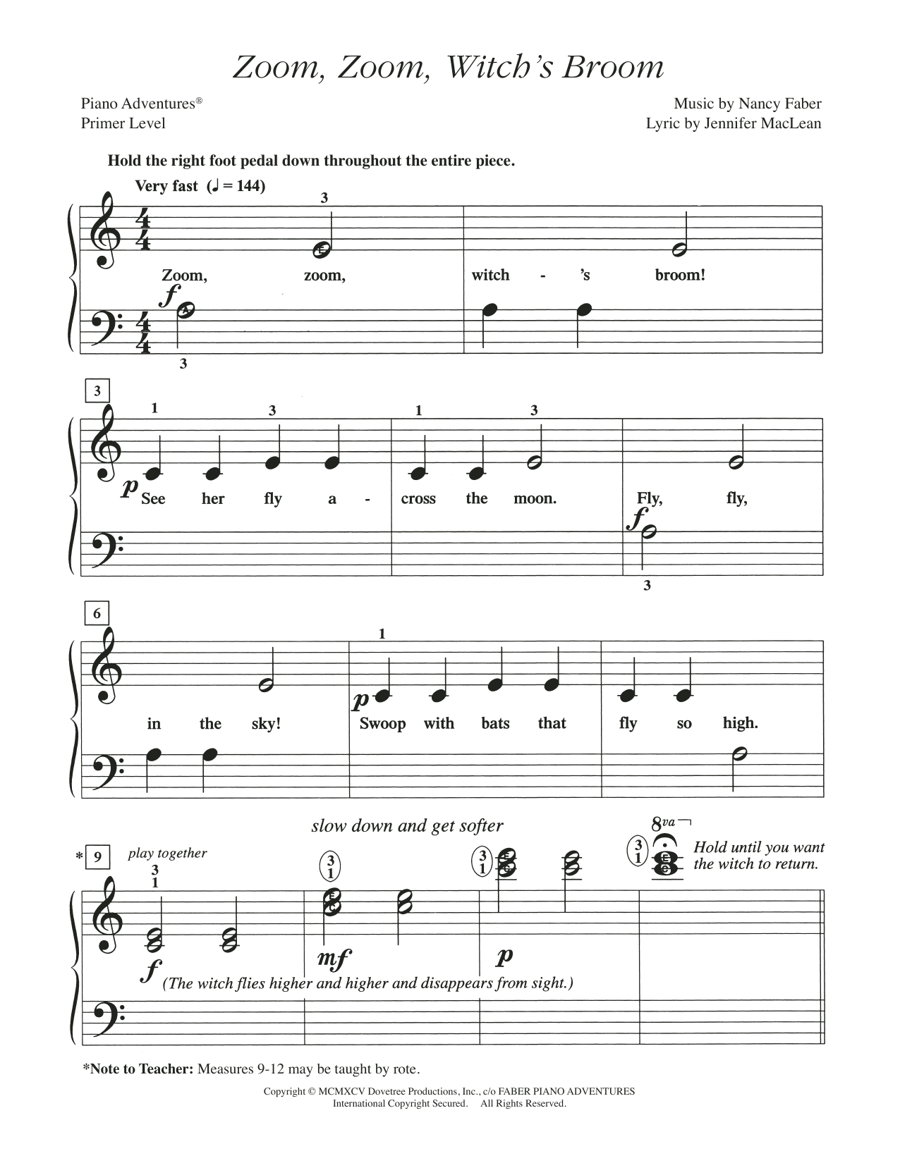 Nancy Faber Zoom, Zoom, Witch's Broom sheet music notes and chords arranged for Piano Adventures