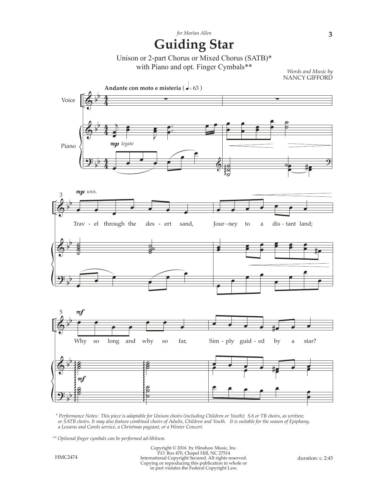 Nancy Gifford Guiding Star sheet music notes and chords arranged for 2-Part Choir