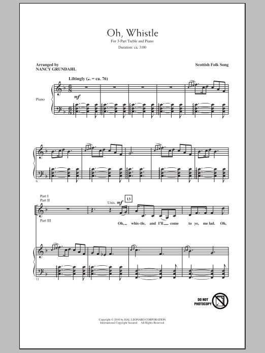 Nancy Grundahl Oh, Whistle sheet music notes and chords arranged for 3-Part Treble Choir