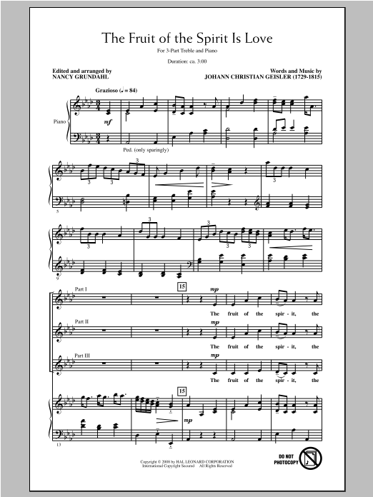 Nancy Grundahl The Fruit Of The Spirit Is Love sheet music notes and chords arranged for 3-Part Treble Choir