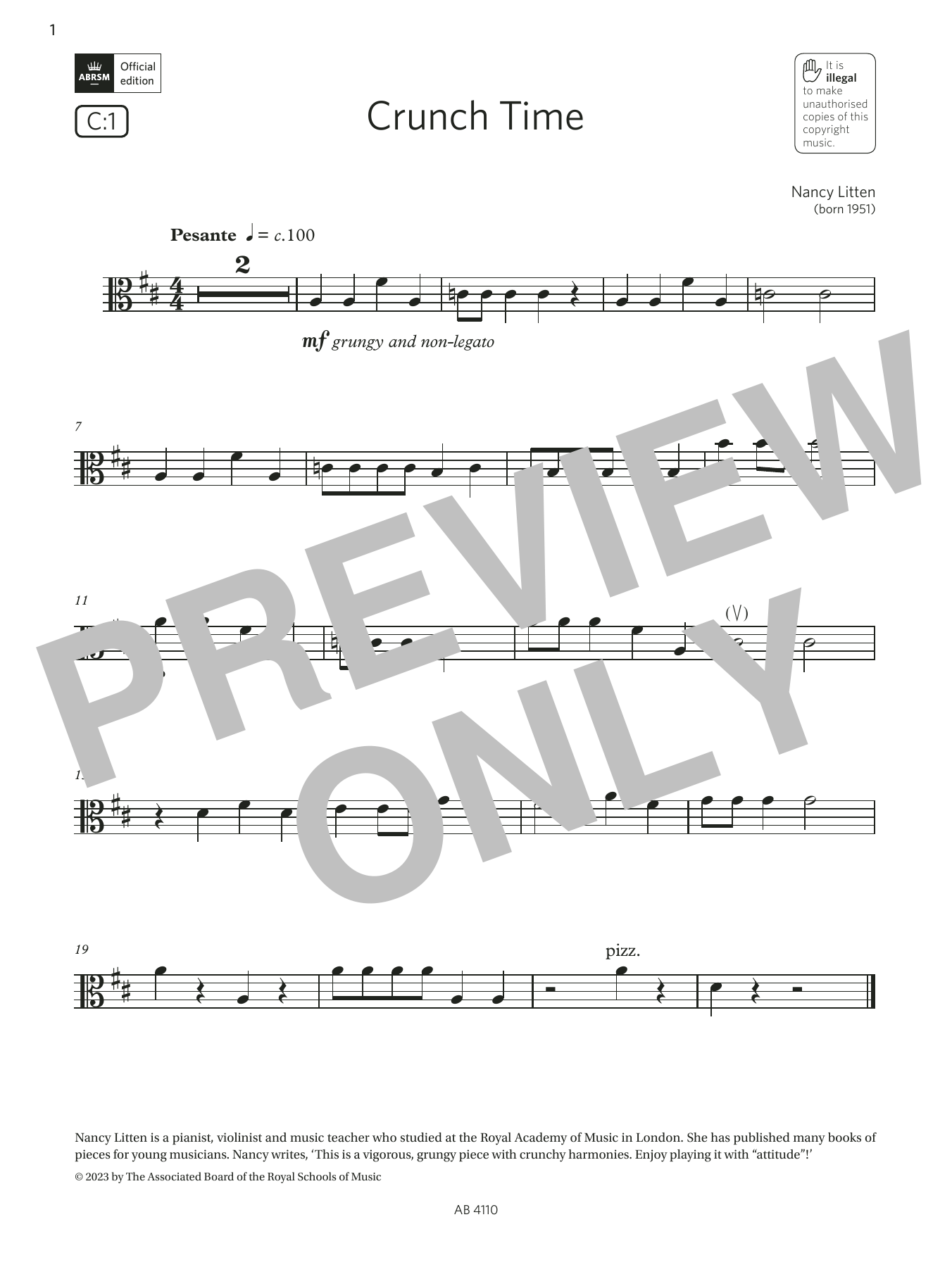 Nancy Litten Crunch Time (Grade Initial, C1, from the ABRSM Viola Syllabus from 2024) sheet music notes and chords arranged for Viola Solo