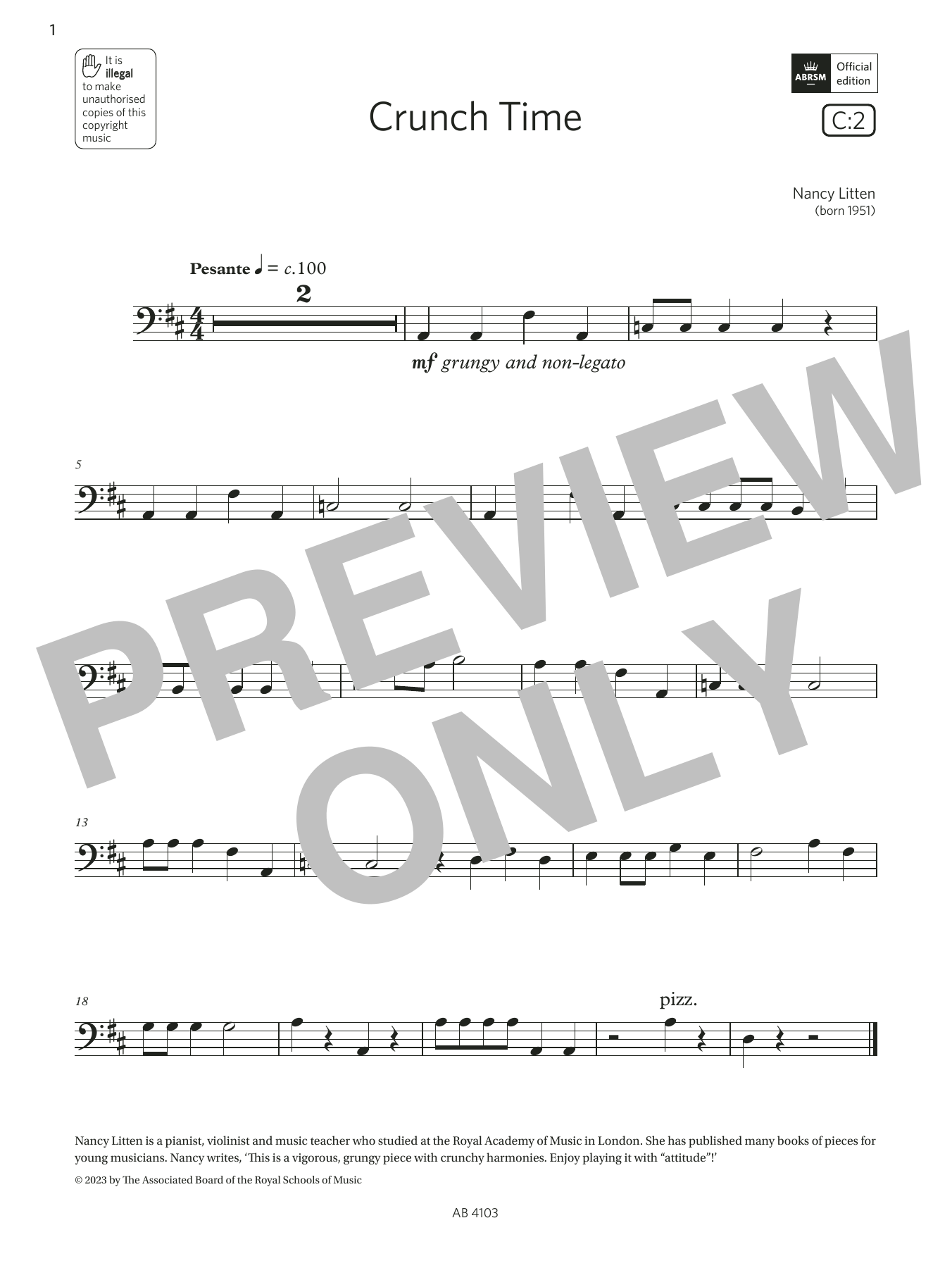 Nancy Litten Crunch Time (Grade Initial, C2, from the ABRSM Cello Syllabus from 2024) sheet music notes and chords arranged for Cello Solo