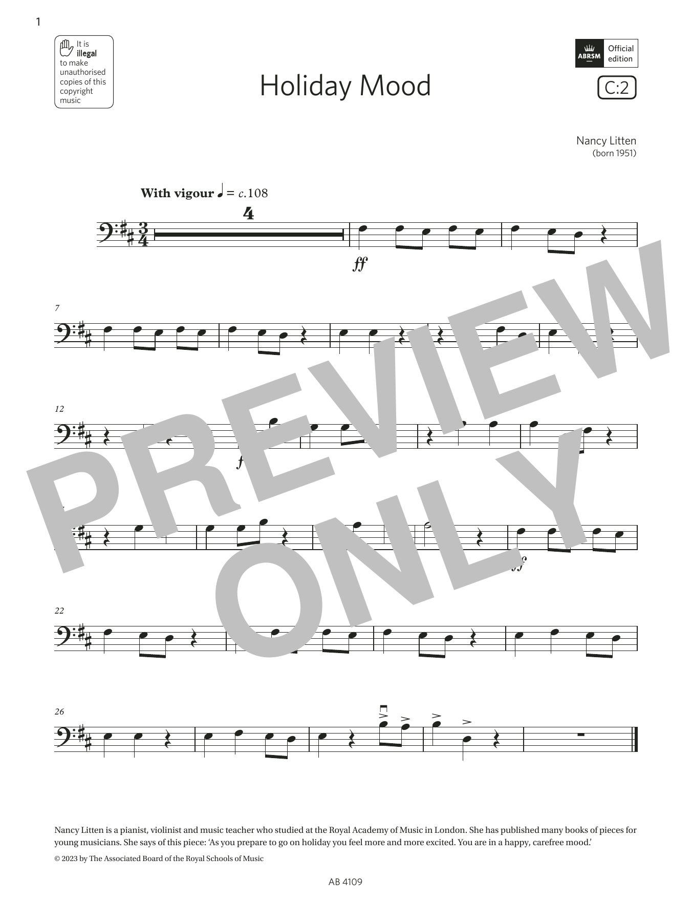 Nancy Litten Holiday Mood (Grade Initial, C2, from the ABRSM Double Bass Syllabus from 2024) sheet music notes and chords arranged for String Bass Solo