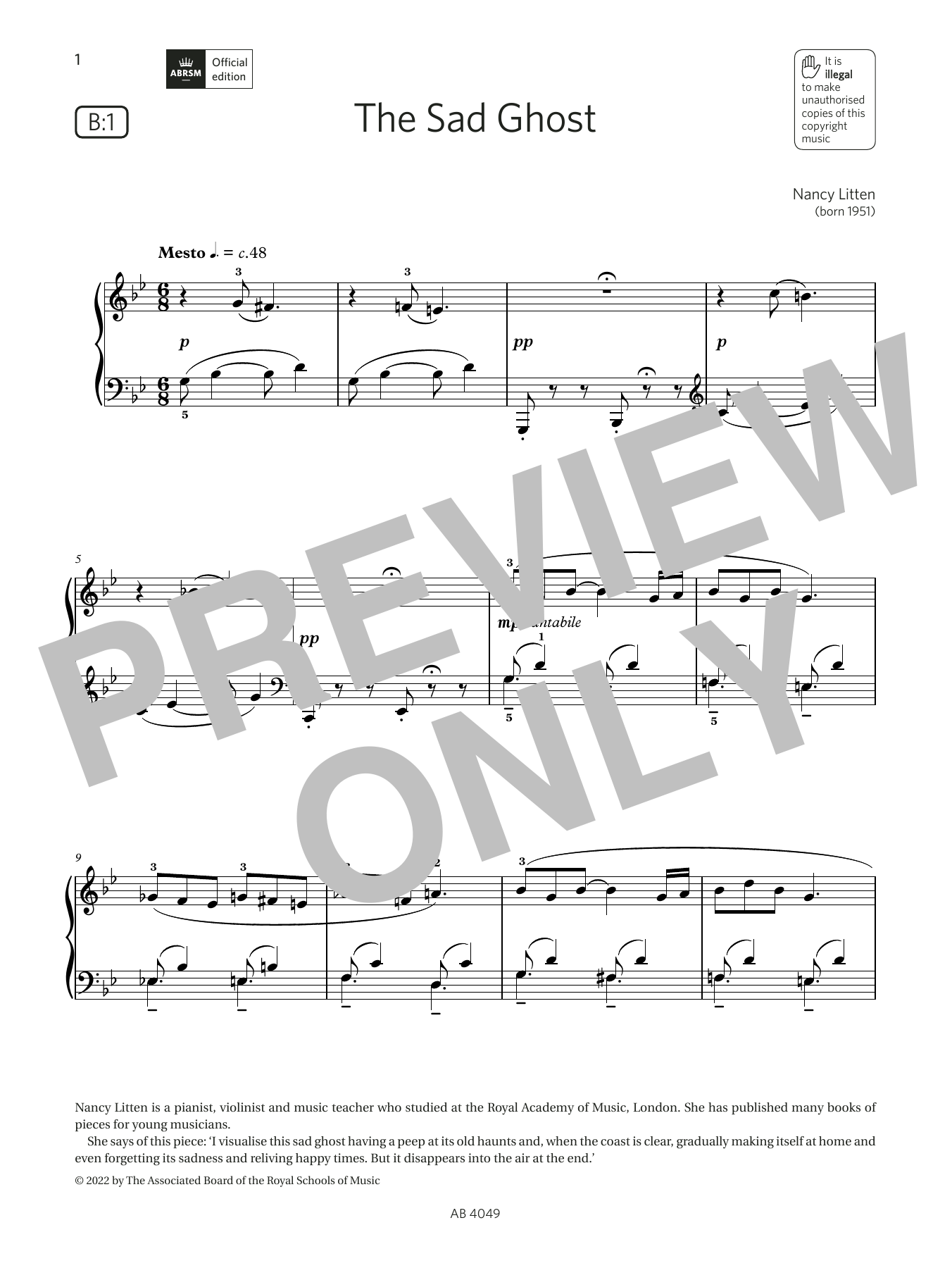 Nancy Litten The Sad Ghost (Grade 3, list B1, from the ABRSM Piano Syllabus 2023 & 2024) sheet music notes and chords arranged for Piano Solo