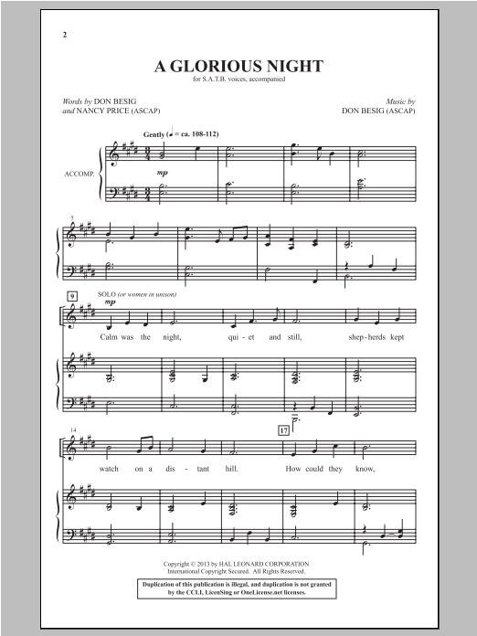Nancy Price A Glorious Night sheet music notes and chords arranged for SATB Choir