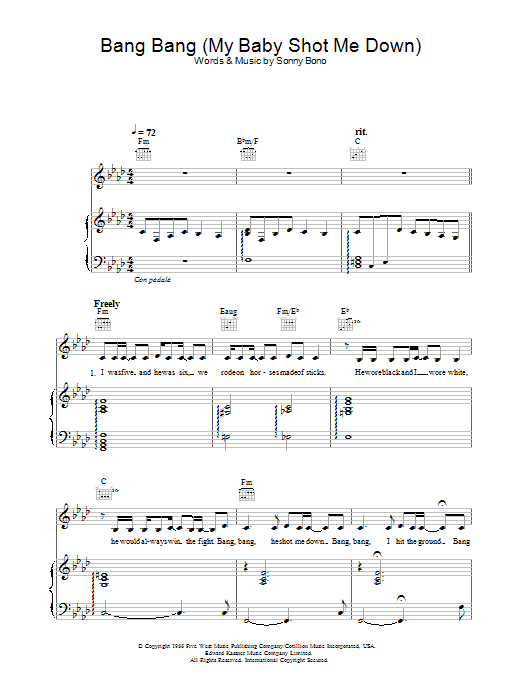 Nancy Sinatra Bang Bang (My Baby Shot Me Down) sheet music notes and chords arranged for Piano, Vocal & Guitar Chords