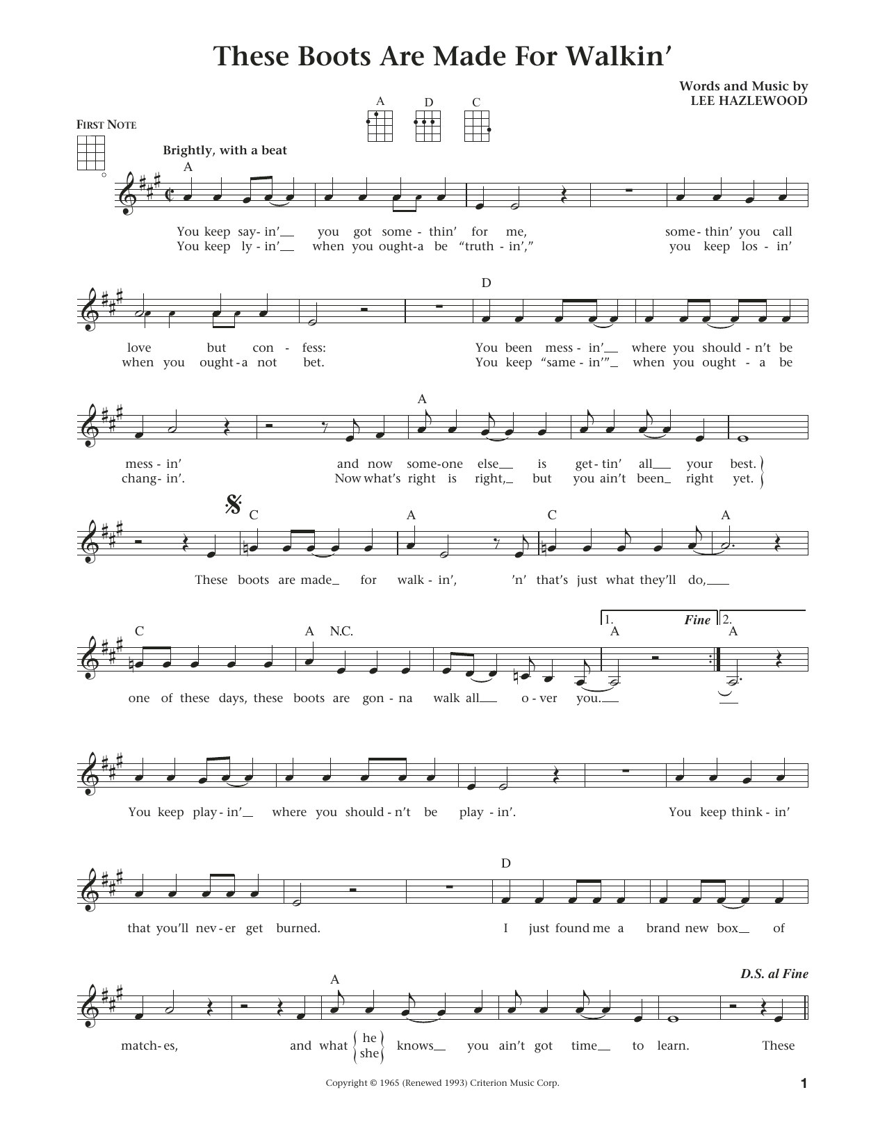 Nancy Sinatra These Boots Are Made For Walkin' (from The Daily Ukulele) (arr. Liz and Jim Beloff) sheet music notes and chords arranged for Ukulele