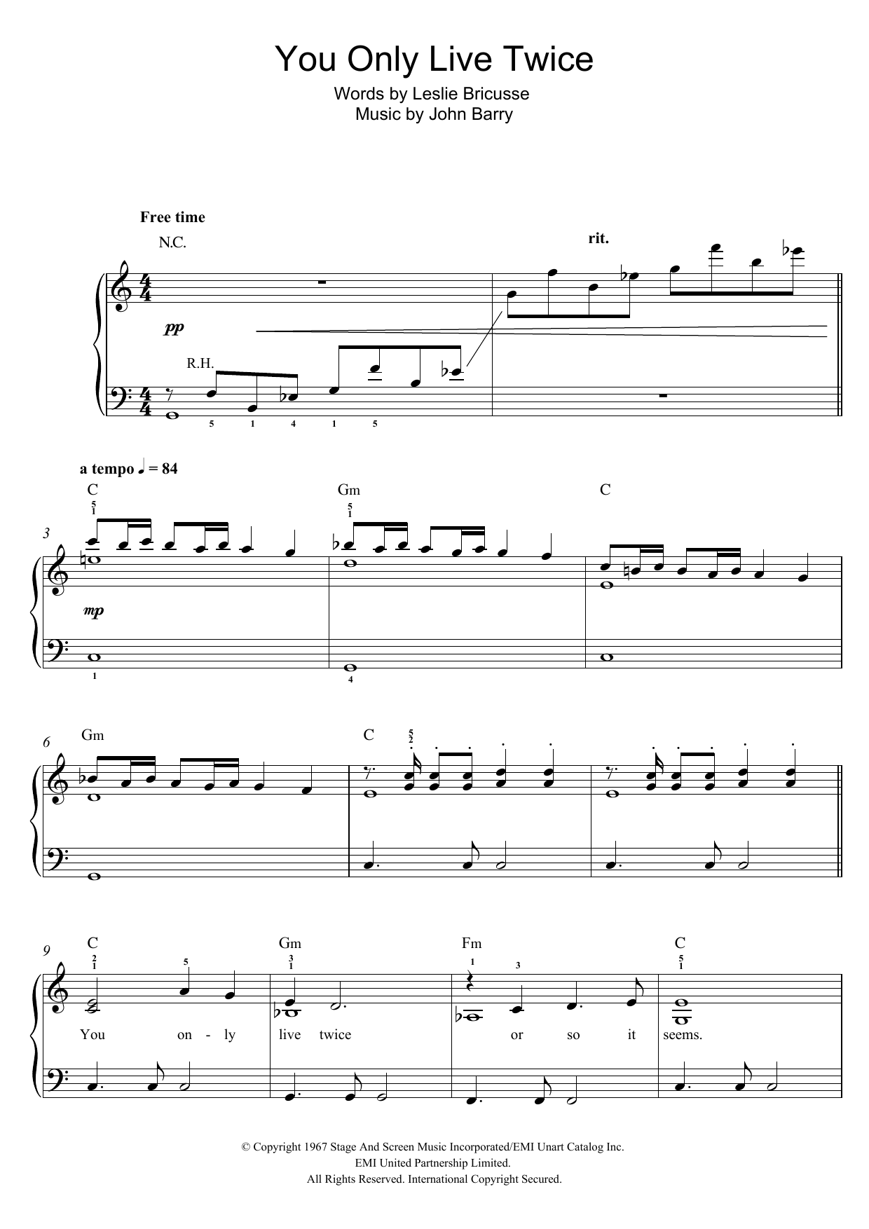 Nancy Sinatra You Only Live Twice (theme from the James Bond film) sheet music notes and chords arranged for Beginner Piano (Abridged)