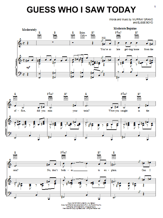 Nancy Wilson Guess Who I Saw Today sheet music notes and chords arranged for Piano, Vocal & Guitar Chords (Right-Hand Melody)