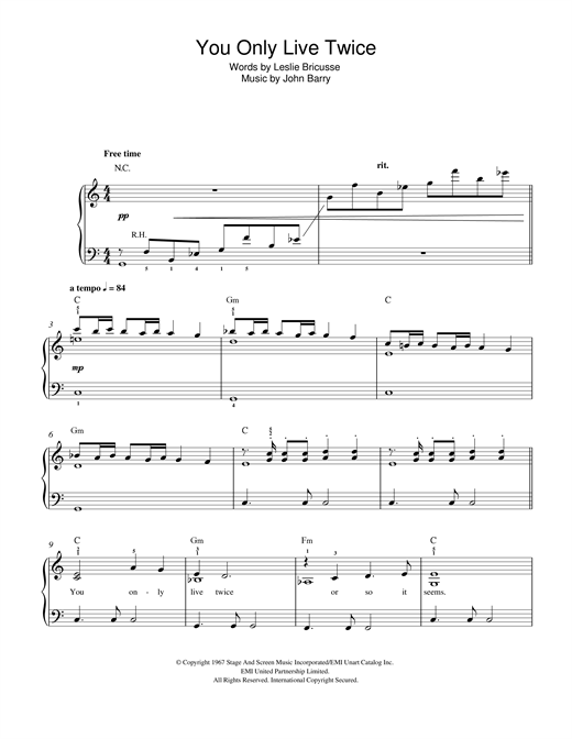Nancy Sinatra You Only Live Twice (theme from the James Bond film) sheet music notes and chords arranged for Easy Piano