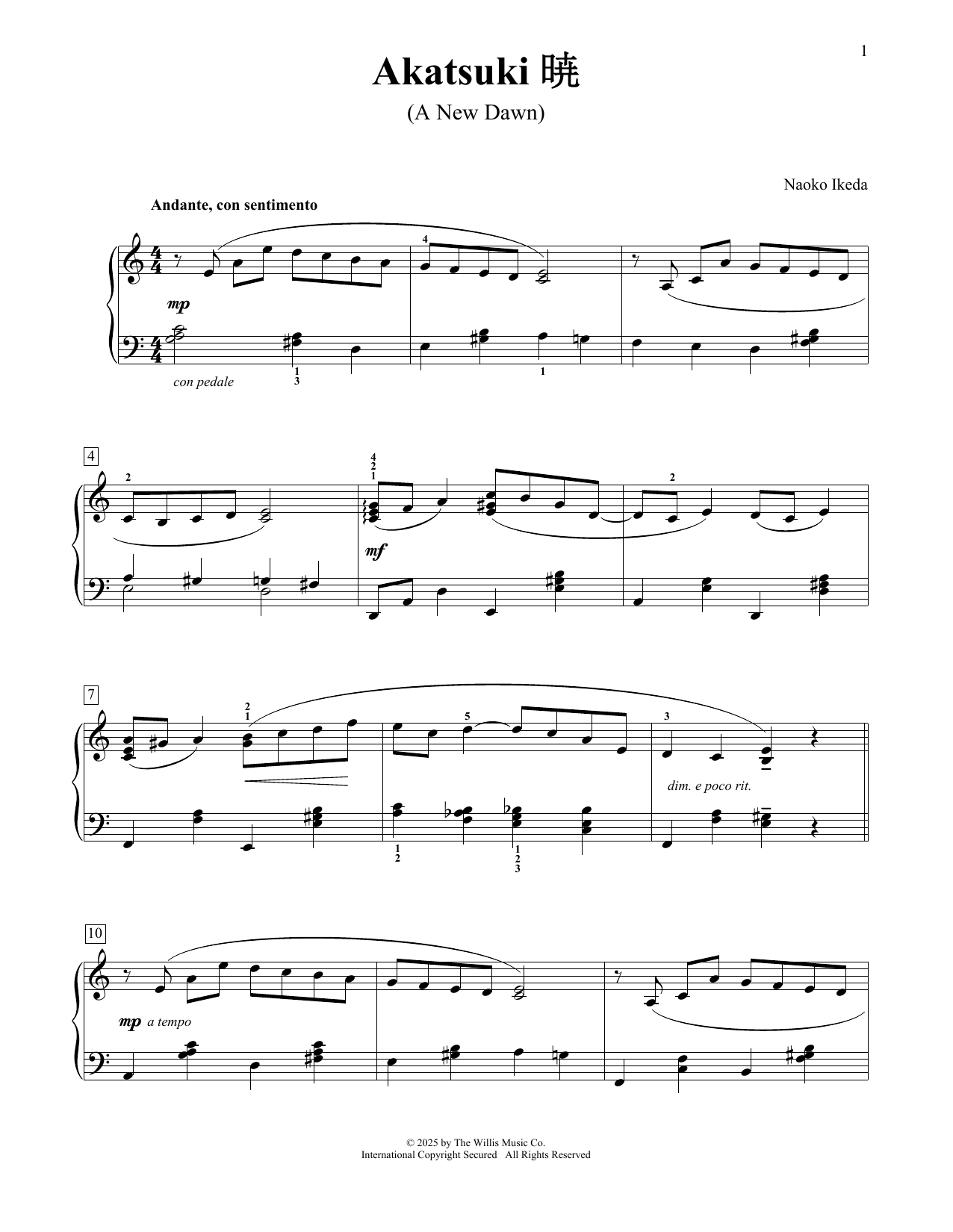 Naoko Ikeda Akatsuki (A New Dawn) sheet music notes and chords arranged for Educational Piano