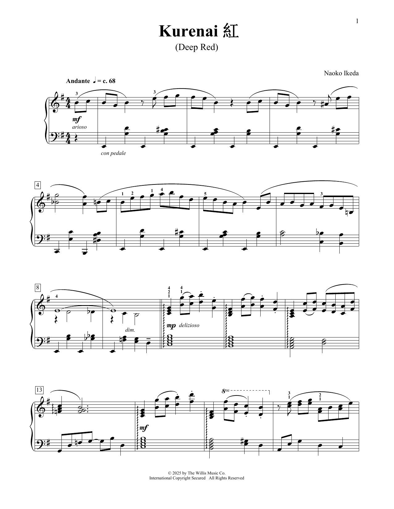 Naoko Ikeda Kurenai (Deep Red) sheet music notes and chords arranged for Educational Piano